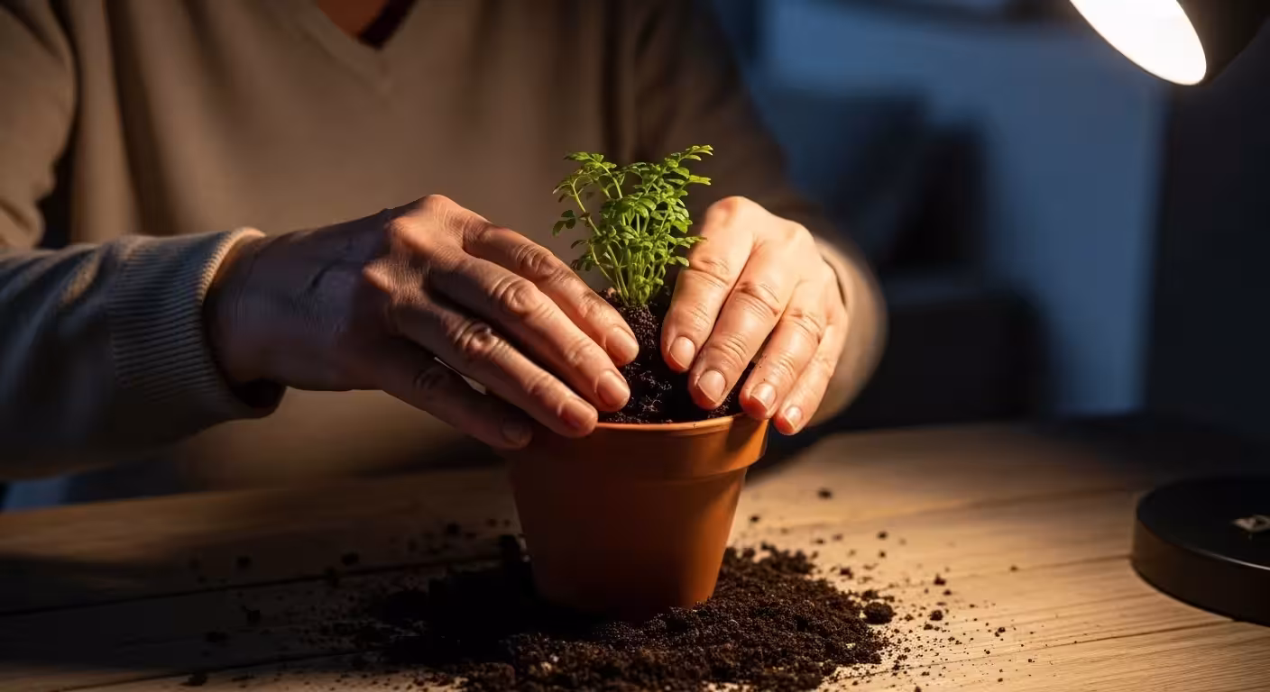 A close-up of a senior's hands carefully potting a small green plant under the warm light of an evening lamp.