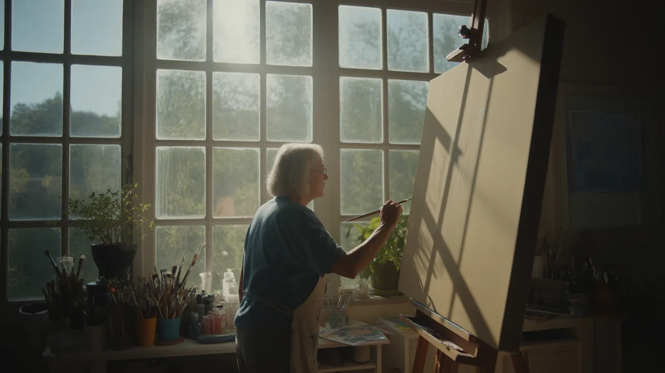 An ultra-wide view of a senior woman painting in her sun-drenched home studio, surrounded by her art supplies and canvases.