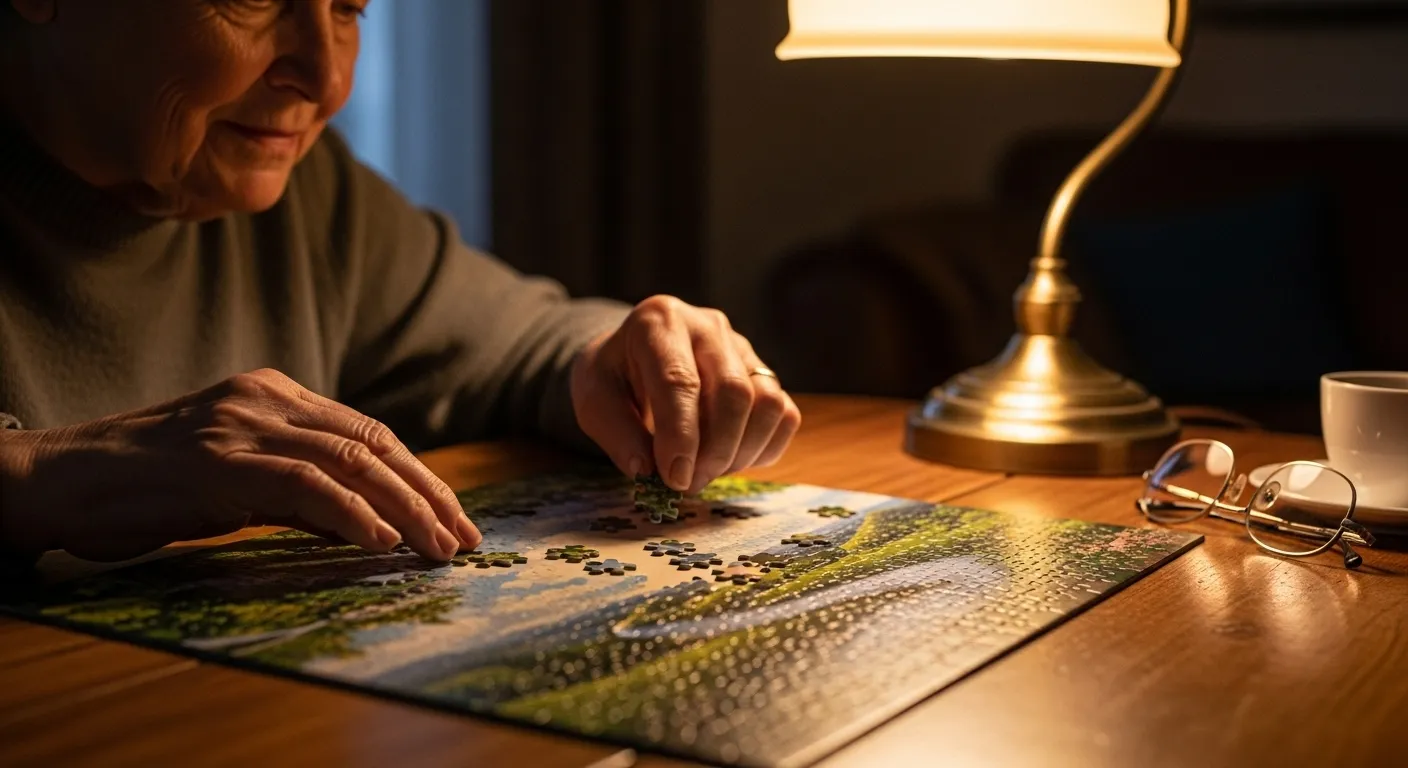 A close-up of a senior's hands and a jigsaw puzzle, warmly illuminated by a lamp in the evening. Reading glasses sit nearby.