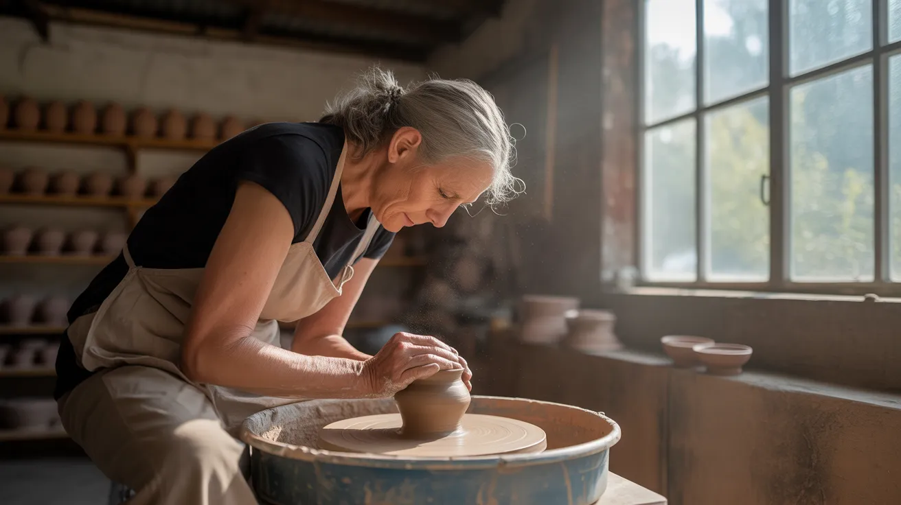 A senior woman works at a pottery wheel in a sunlit studio, surrounded by her creations. Harsh light casts long shadows across the room.