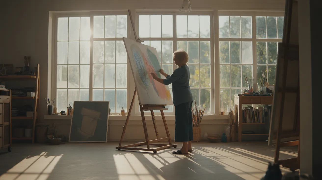 An ultra-wide view of a senior woman painting at an easel in her bright, sunlit studio, representing a passionate retirement pursuit.