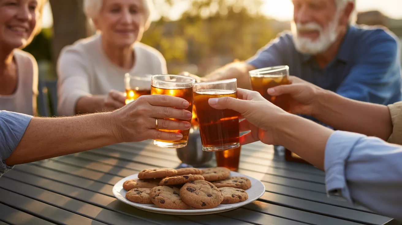 Close-up of the hands of older friends toasting with drinks over a patio table with a plate of homemade cookies in golden hour light.