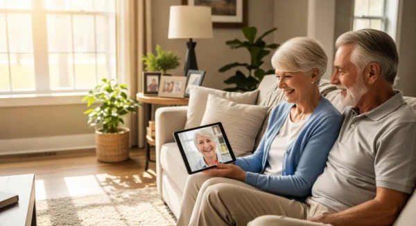 An older couple sits on a couch in a sunlit room, smiling at a tablet showing a video call with another senior.