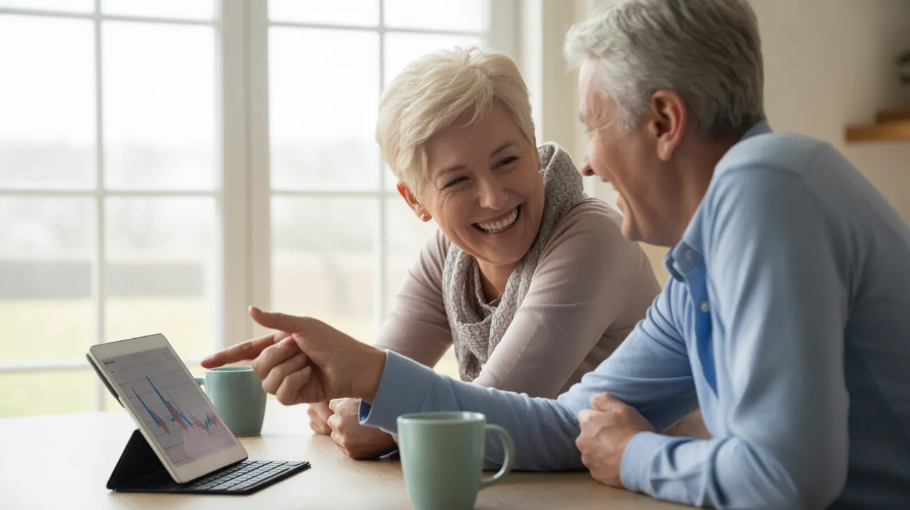 An older man and woman laugh together at a kitchen table with coffee mugs and a tablet, illuminated by soft, diffuse window light.