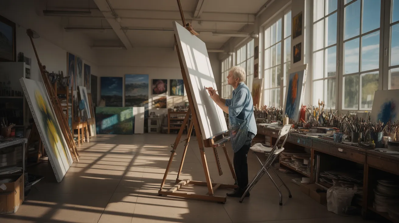 A senior person stands painting at an easel in a bright, sunny art studio. An ultra-wide view shows the entire room and its contents.