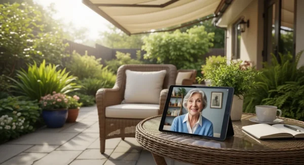 A tablet on a patio table shows a video call with a smiling senior woman, with a green, sunlit garden in the background.