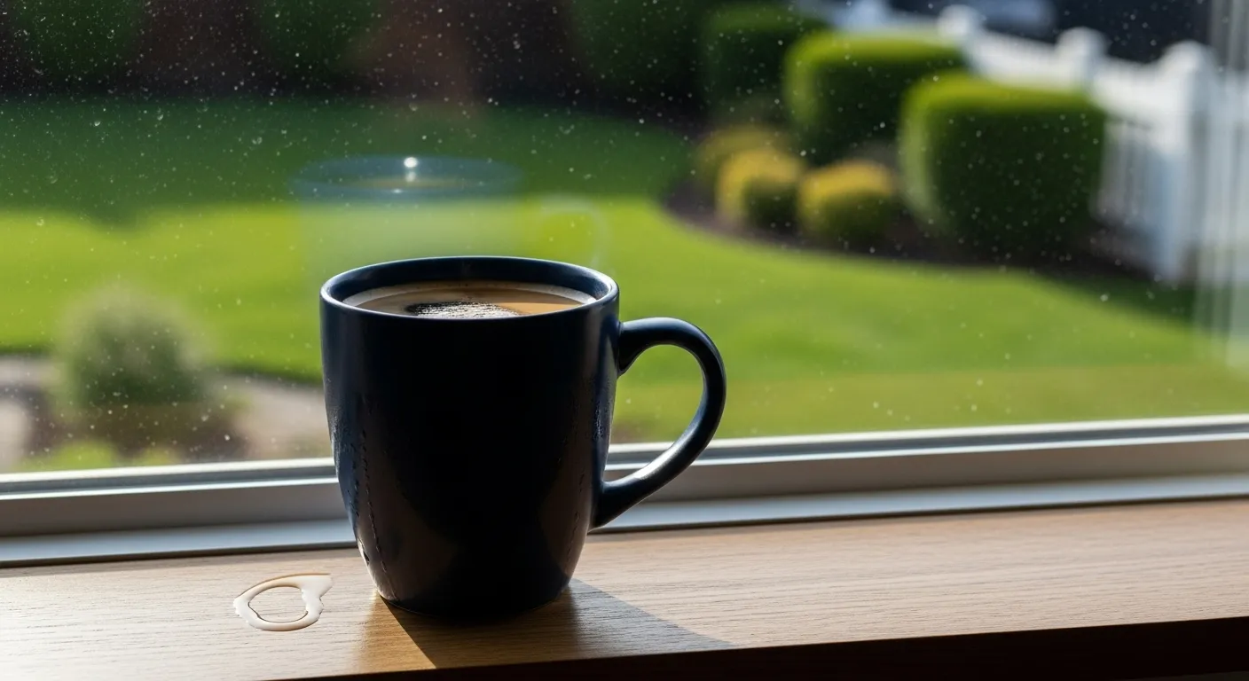 A lone coffee mug sits on a windowsill in the late afternoon sun, with a neat, empty backyard visible through the window.