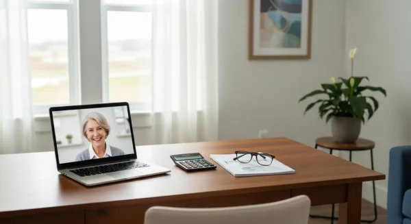 A home office desk with a laptop showing a video call with a smiling senior. A calculator and papers for financial planning are nearby.