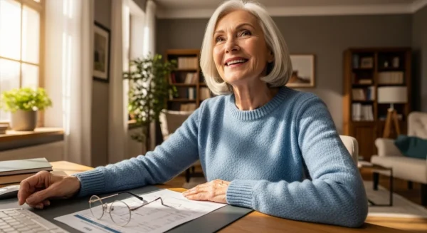 A smiling senior woman sits at her desk in a bright home office, looking happy and in control of her finances.