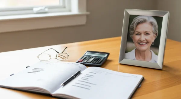 A sunlit home office desk with a budget planner, calculator, and a framed photo of a smiling senior woman.