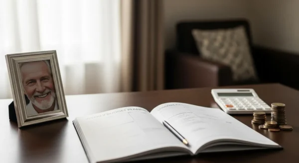 A sunlit home office desk with a budget planner, calculator, coins, and a small framed photograph of a happy senior man.
