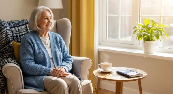A smiling senior woman relaxes in an armchair in her sunlit living room, a picture of peaceful retirement.