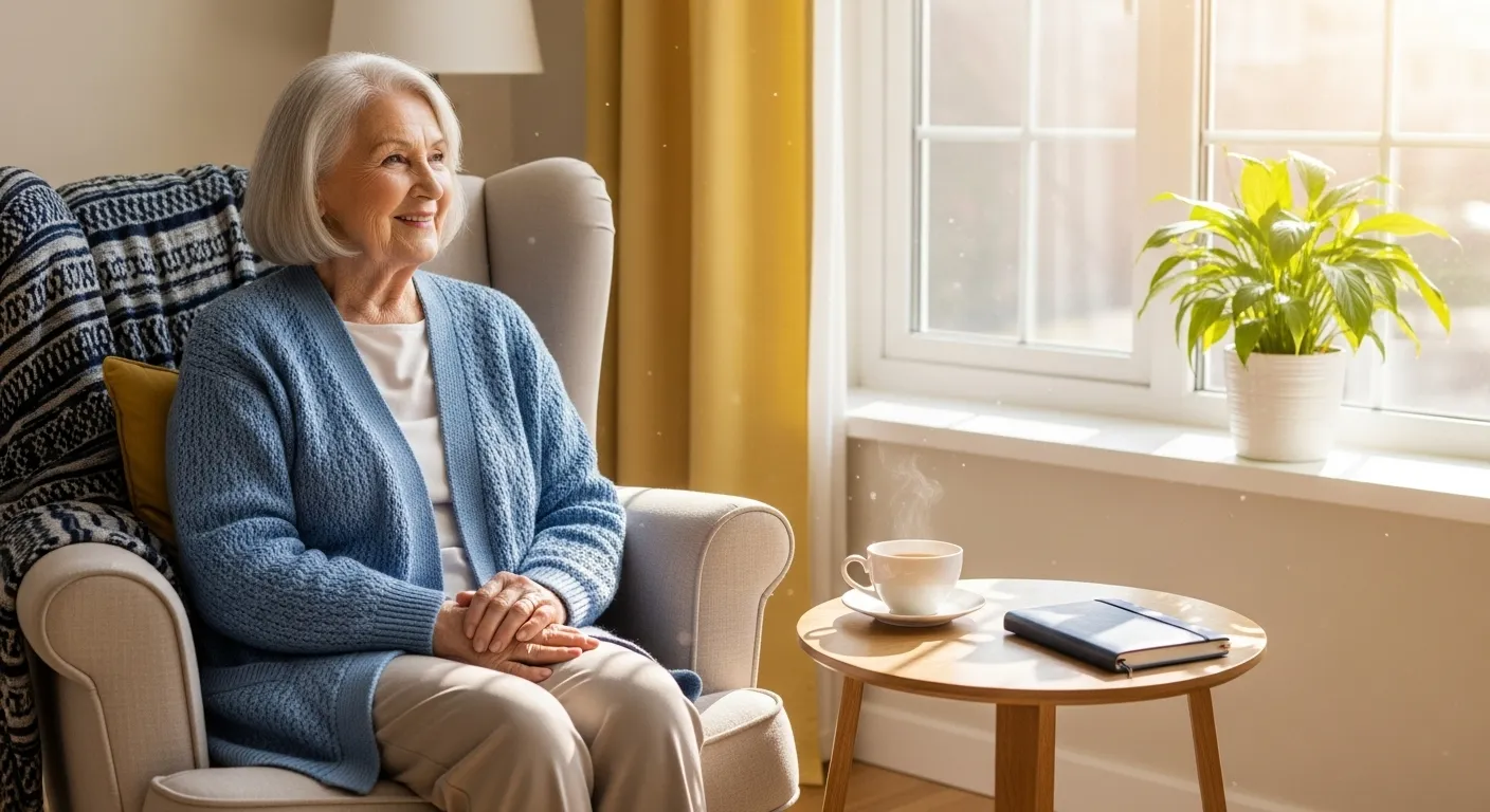 A smiling senior woman relaxes in an armchair in her sunlit living room, a picture of peaceful retirement.
