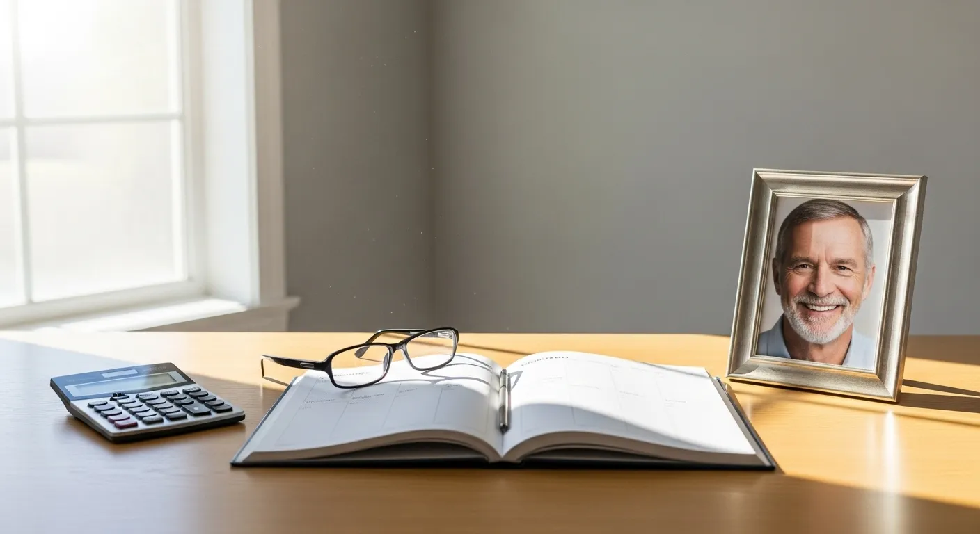 A home office desk with a budget planner, calculator, and a framed photo of a happy senior man, symbolizing organized retirement planning.