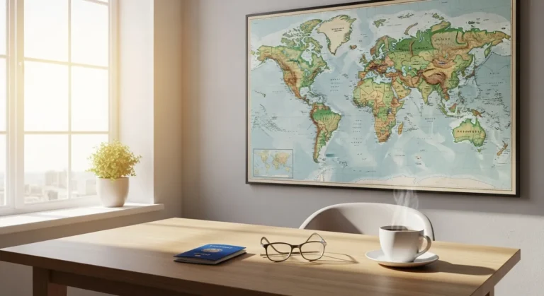 A wide view of a home office with a large world map on the wall and a passport and reading glasses on a desk in the foreground.
