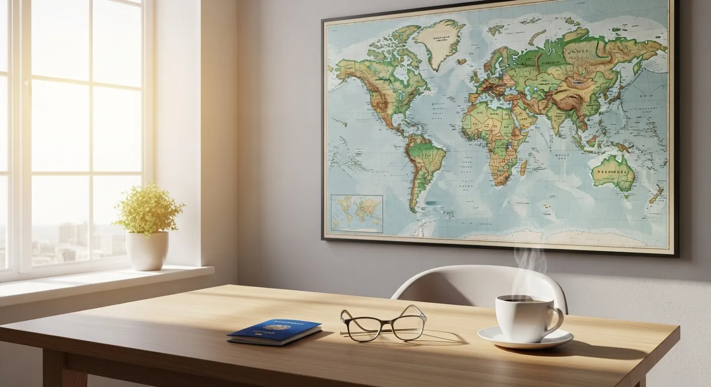 A wide view of a home office with a large world map on the wall and a passport and reading glasses on a desk in the foreground.