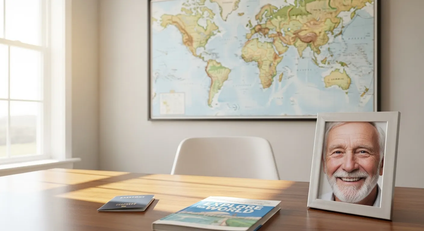 A sunlit home office with a world map on the wall. A desk holds a passport, travel guide, and a framed close-up photo of a smiling senior.