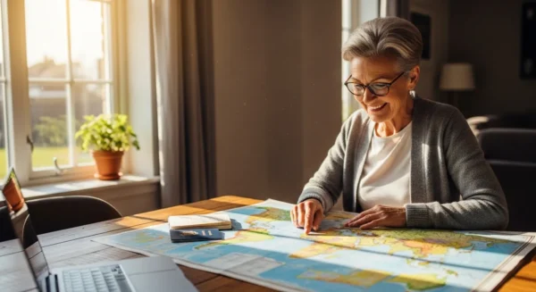 A senior woman smiles while seated at a dining table, planning a trip with a large map and a passport in a brightly sunlit room.