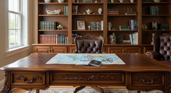 A sunlit home office with a world map, passport, and glasses on the desk. A framed photo of a smiling senior is on a shelf in the background.