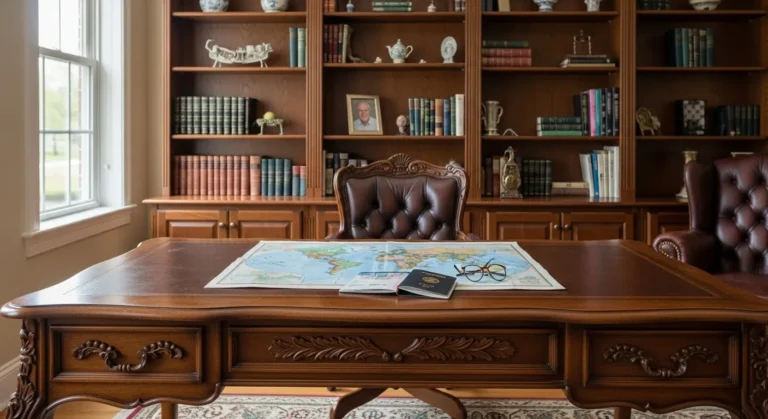 A sunlit home office with a world map, passport, and glasses on the desk. A framed photo of a smiling senior is on a shelf in the background.