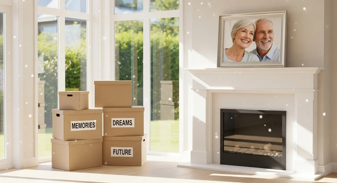 A sunlit living room with a few moving boxes. In the background, a framed photograph on a mantelpiece shows a smiling older couple.