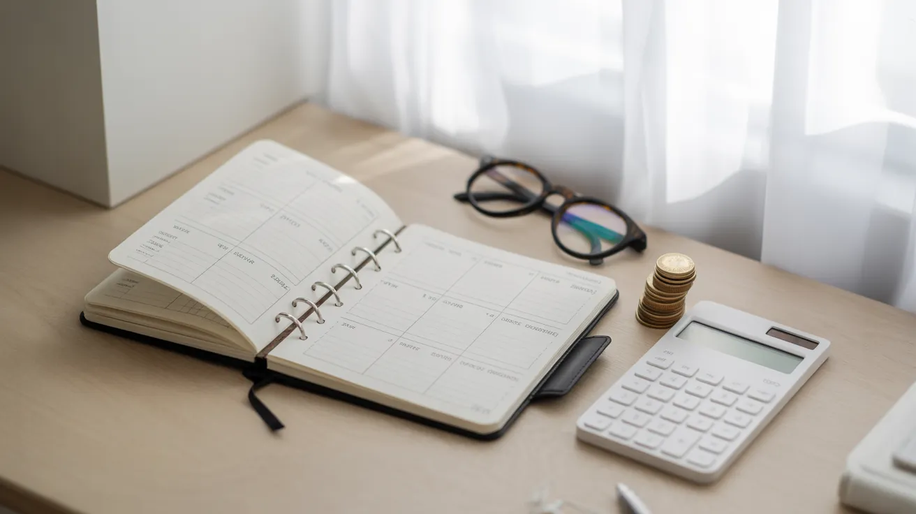 A calculator, a stack of coins, and reading glasses next to an open budget planner on a desk, seen from above.