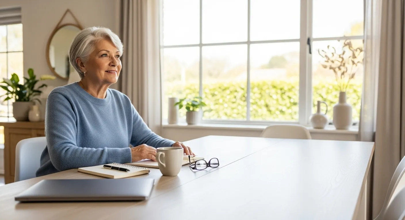 A smiling senior woman sits at a dining table bathed in daylight, with a laptop, notebook, and coffee mug.