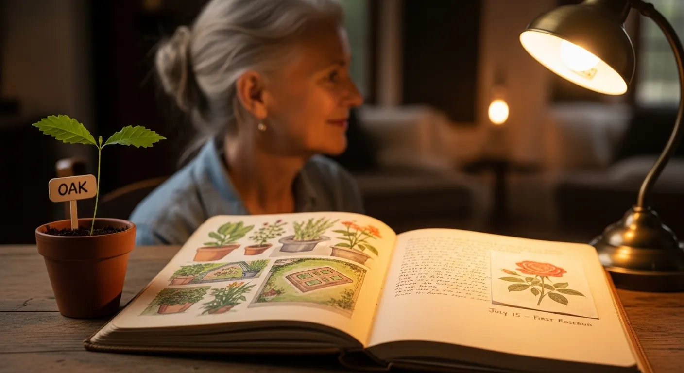 A close-up of a gardening journal under a warm lamp. A smiling senior woman is visible in the soft-focus background next to a small plant.