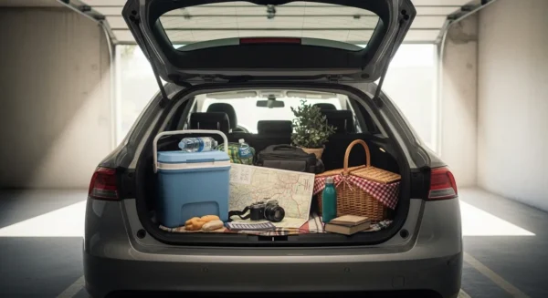 The open trunk of a car packed neatly with a cooler, map, and picnic basket, ready for a scenic road trip.