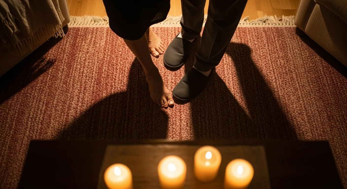 An overhead view of an older couple's feet, dancing closely together on a soft rug in a room lit by the warm glow of candlelight.
