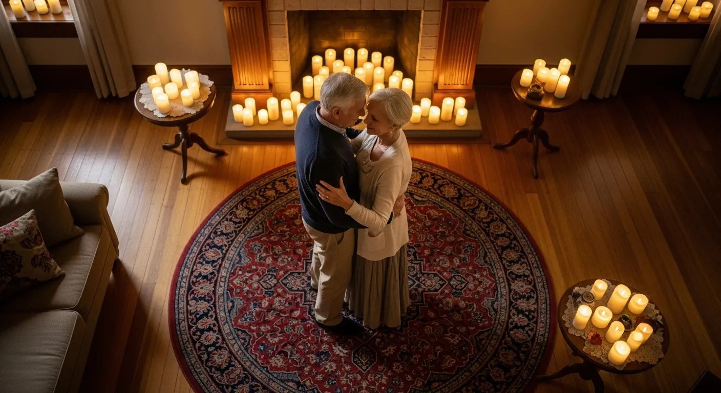 A top-down aerial view of an older couple slow-dancing in a living room illuminated solely by warm candlelight.