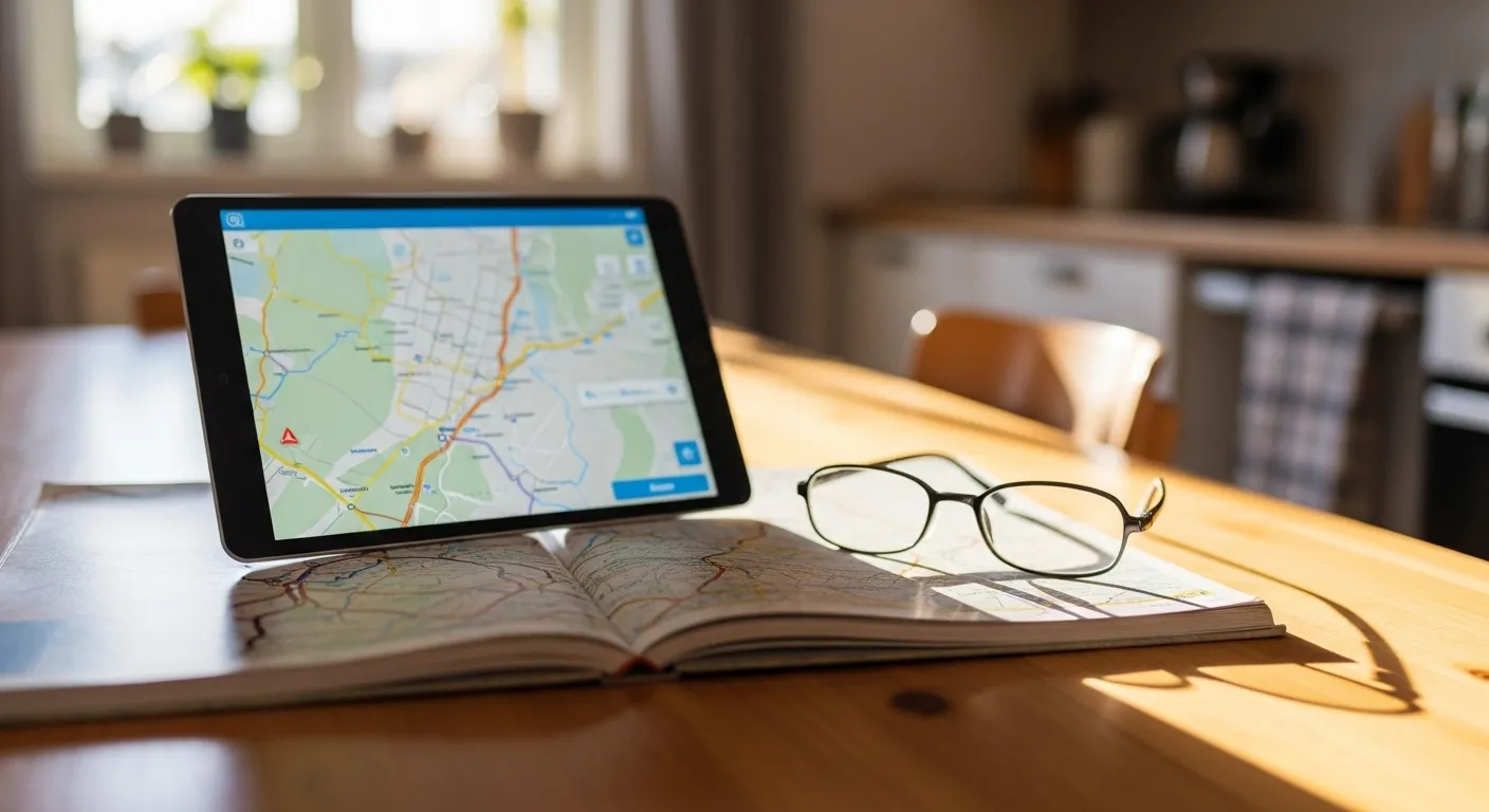 A tablet used for trip planning lies open on a paper road map, next to a pair of reading glasses on a sunlit table.