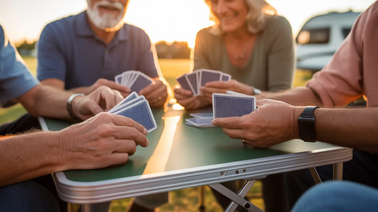 A close-up of a card game at a campsite at sunset. The hands of senior friends hold playing cards, illuminated by warm golden light.