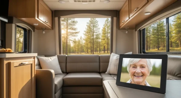 A wide view of a modern RV interior looking out onto a sunny forest, with a digital frame on a table showing a photo of a happy person.