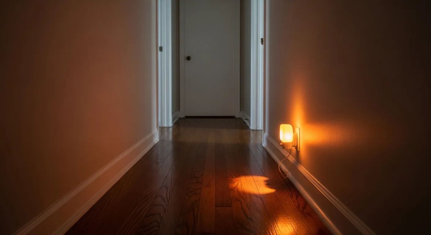 A clean, empty hallway in a home at night, softly lit by a single nightlight, ensuring a safe, unobstructed path.