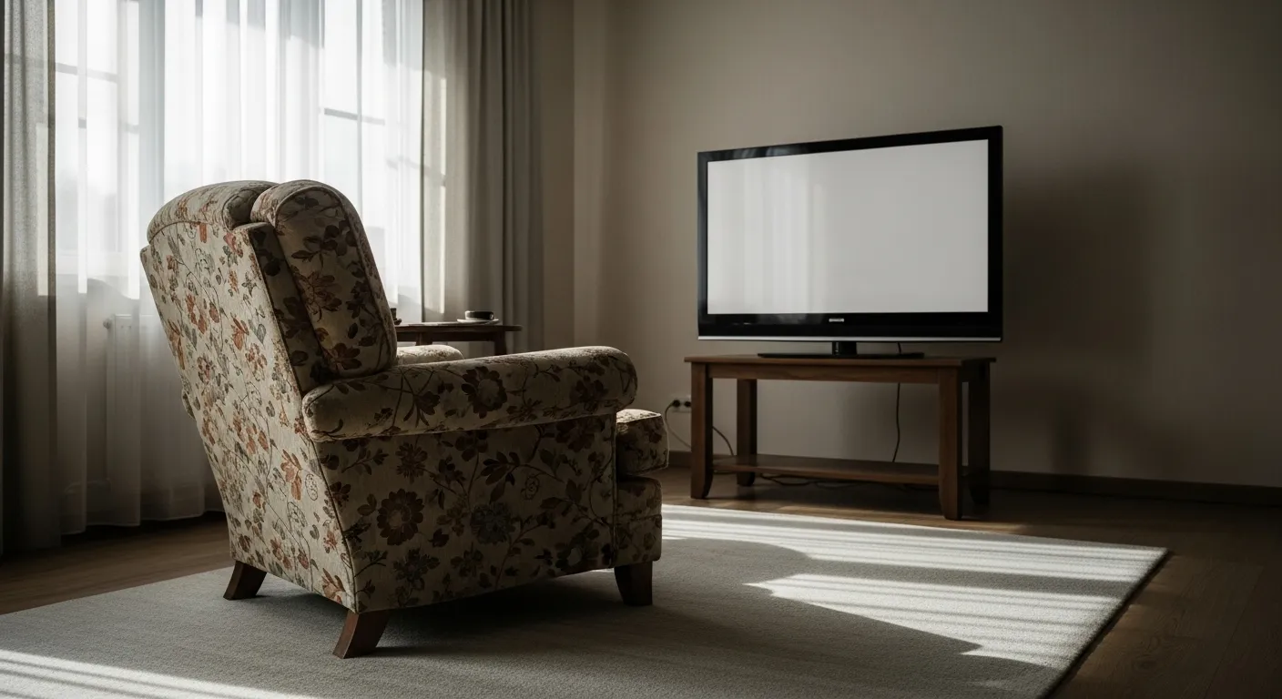 An empty, worn armchair in a quiet living room, symbolizing a sedentary and solitary retirement.