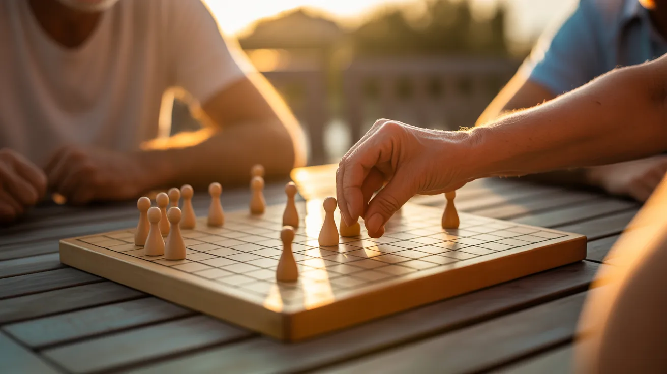 An older person's hand moves a piece on a wooden board game on an outdoor table, illuminated by warm sunset light, suggesting a friendly game.