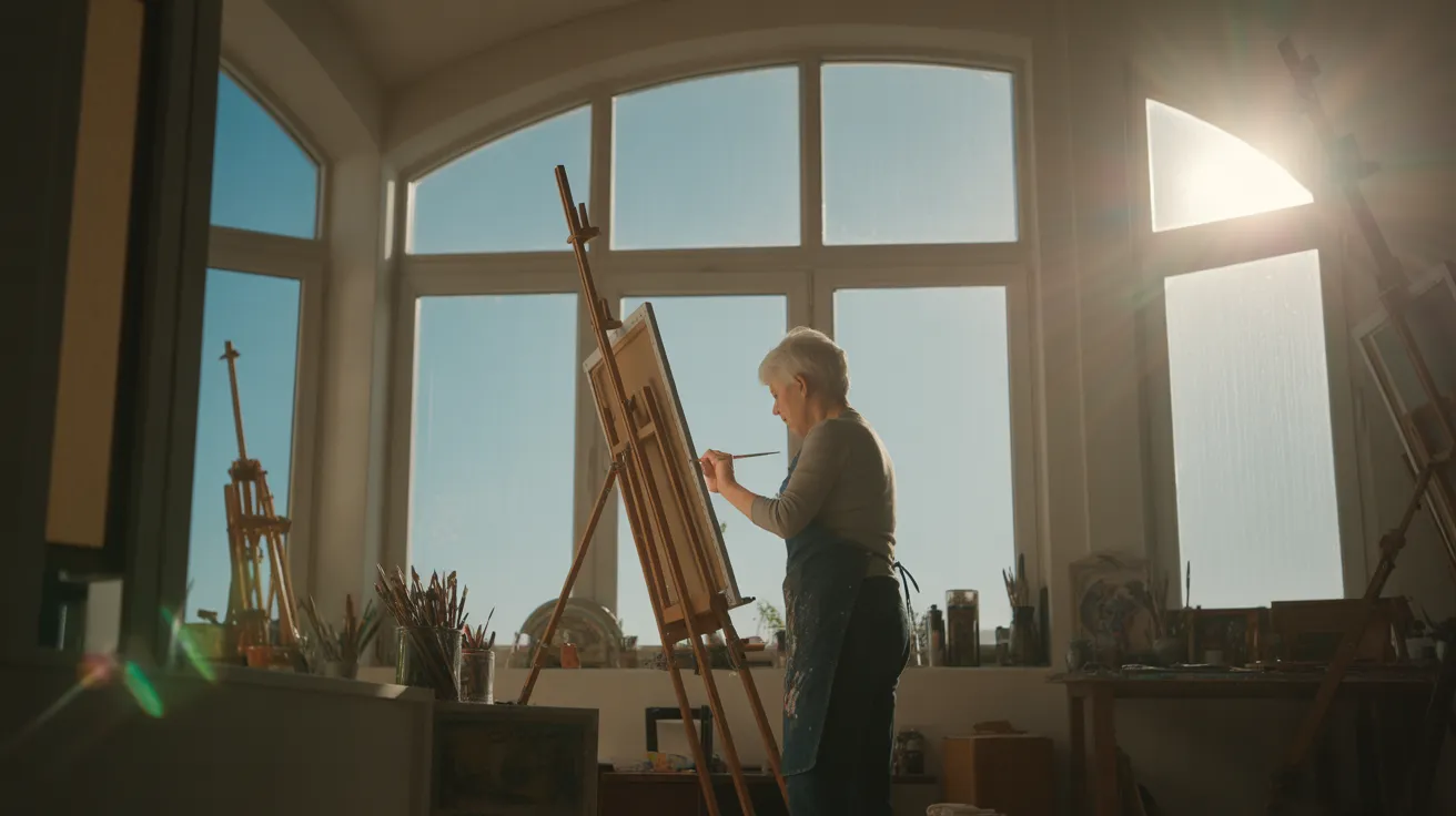 An ultra-wide view of a bright home studio where a senior woman is intently painting at an easel, with harsh midday sun creating strong shadows.