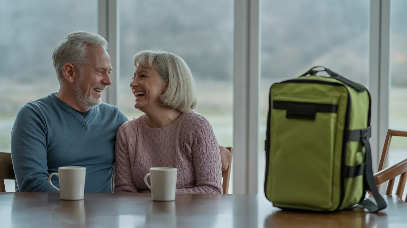A senior couple laughs together at a warm kitchen table while a window behind them shows an overcast day. An emergency kit is visible in the backgroun