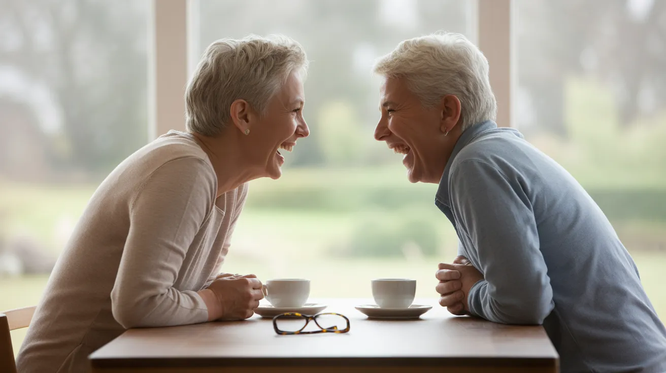 A senior man and woman share a laugh over coffee at a sunlit kitchen table, their faces happy and engaged.