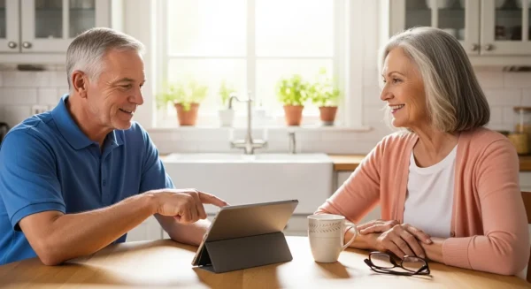 A senior couple smiles while looking at a tablet at their kitchen table in a brightly lit room.