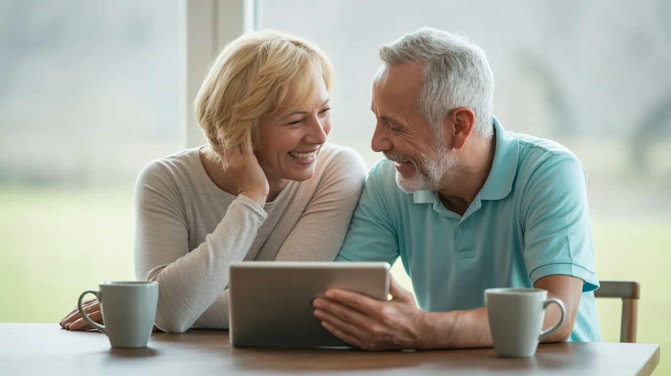 A senior man and woman sit together at a kitchen table, smiling as they look at a tablet. Diffused daylight fills the room.