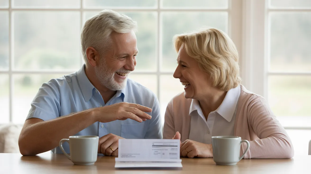 A senior man and woman are smiling at each other across a kitchen table, with coffee mugs and a blurred document between them.