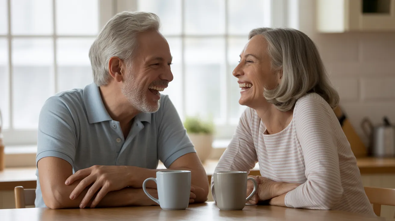 A senior man and woman laugh together while sitting at a kitchen table with coffee, illuminated by soft window light.