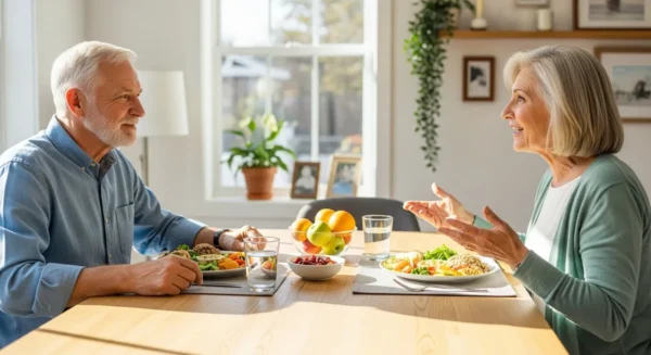 An older man and woman smile while eating a healthy meal together at a dining table in a bright, sunlit room.