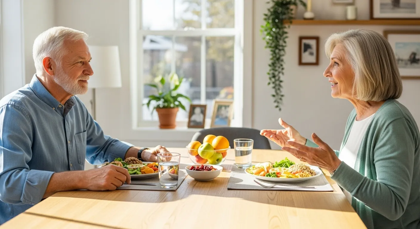 An older man and woman smile while eating a healthy meal together at a dining table in a bright, sunlit room.