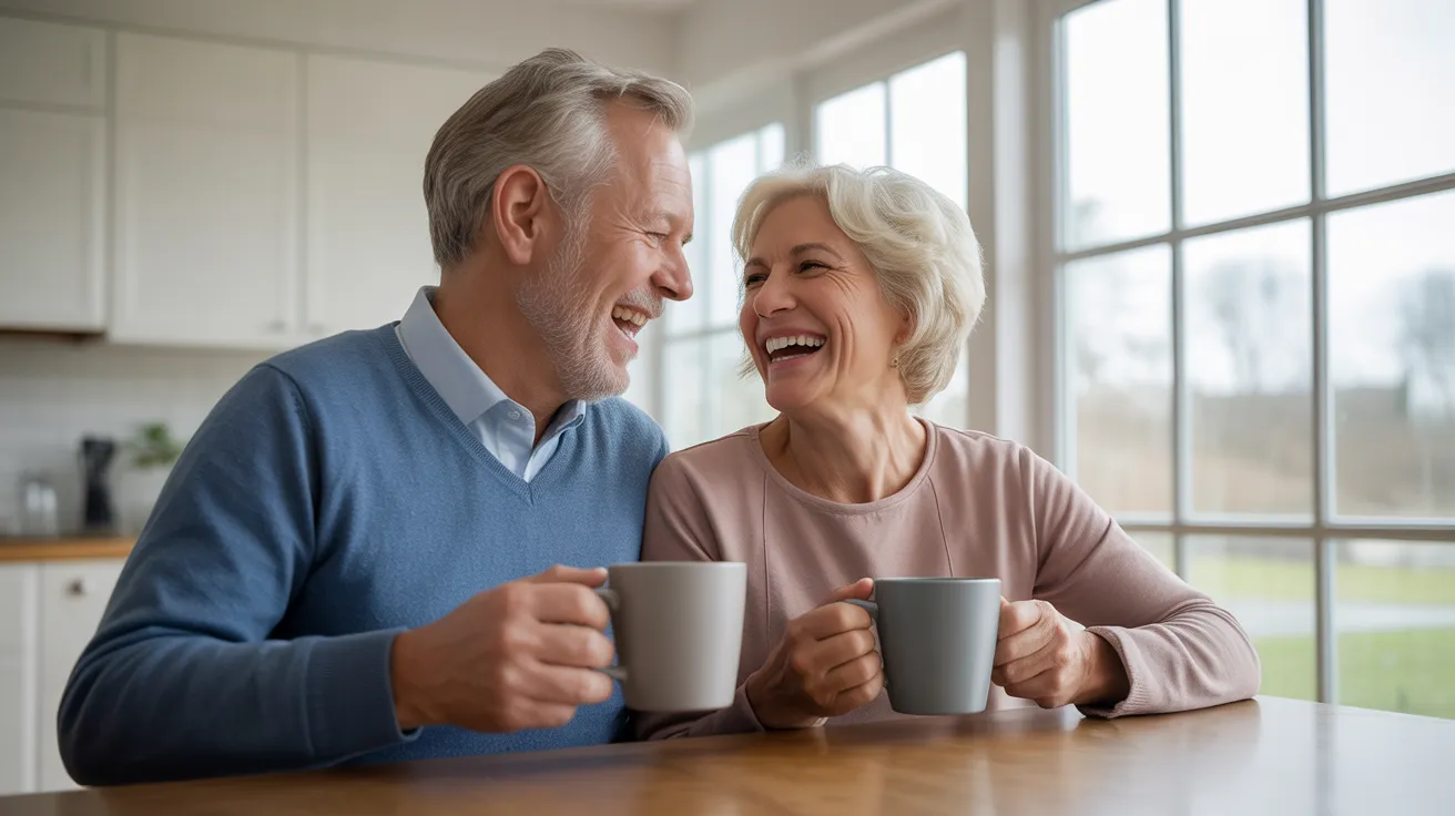 A senior man and woman laugh together while having coffee at a bright kitchen table, seen in a medium shot.