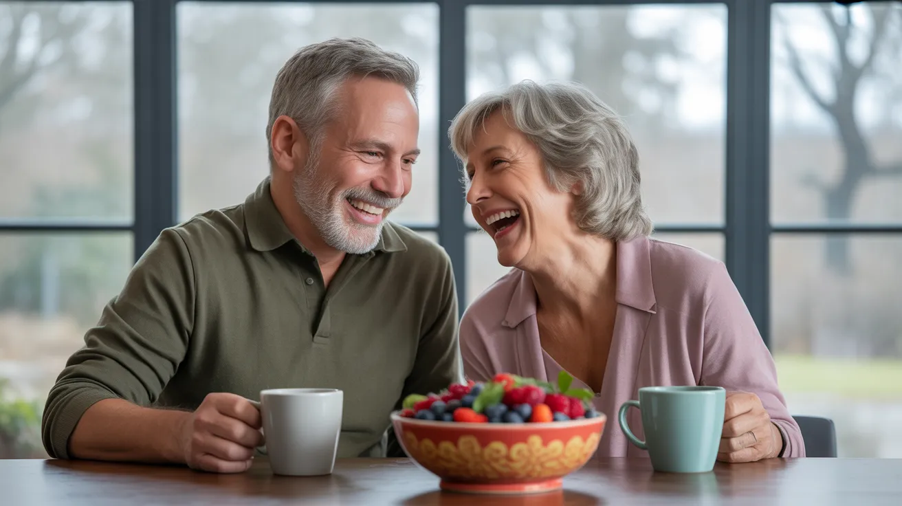 An older man and woman laughing together at a kitchen table with coffee and a large, colorful bowl of mixed berries between them.