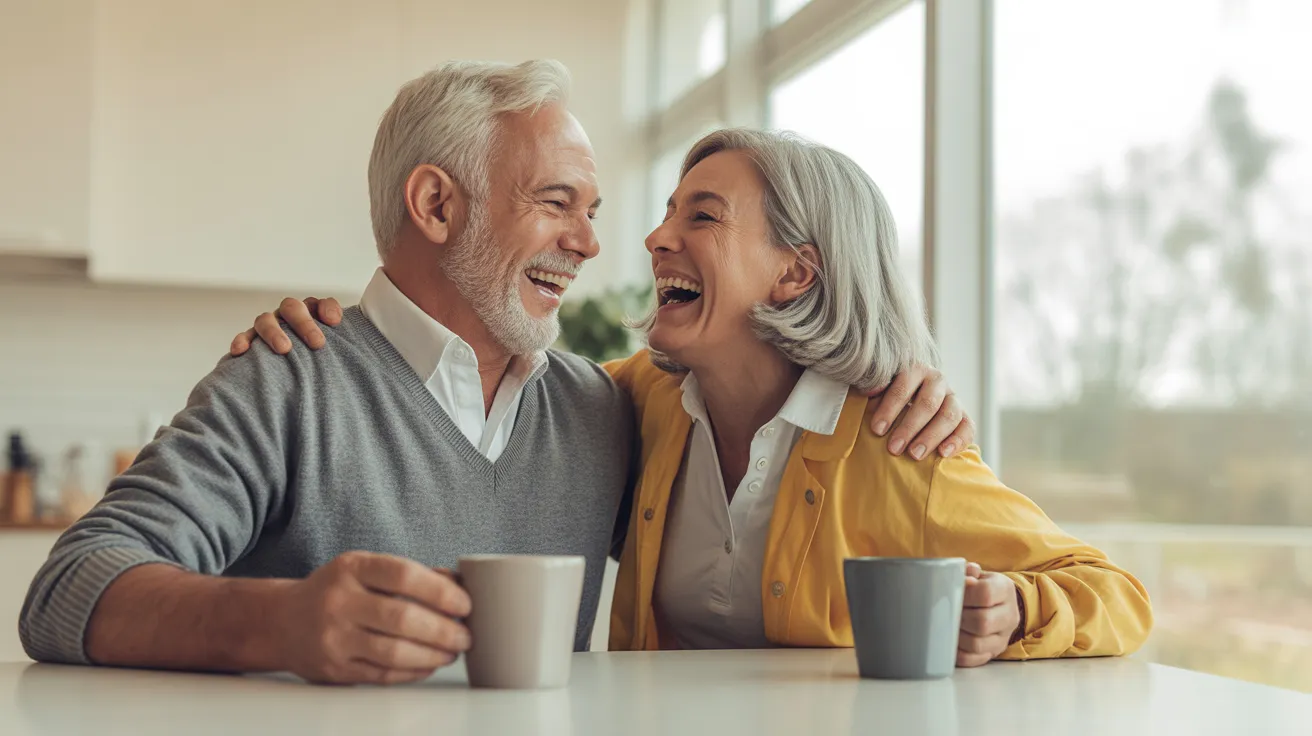 An elderly man and woman laugh together while sitting at a kitchen table with coffee, illuminated by soft window light.