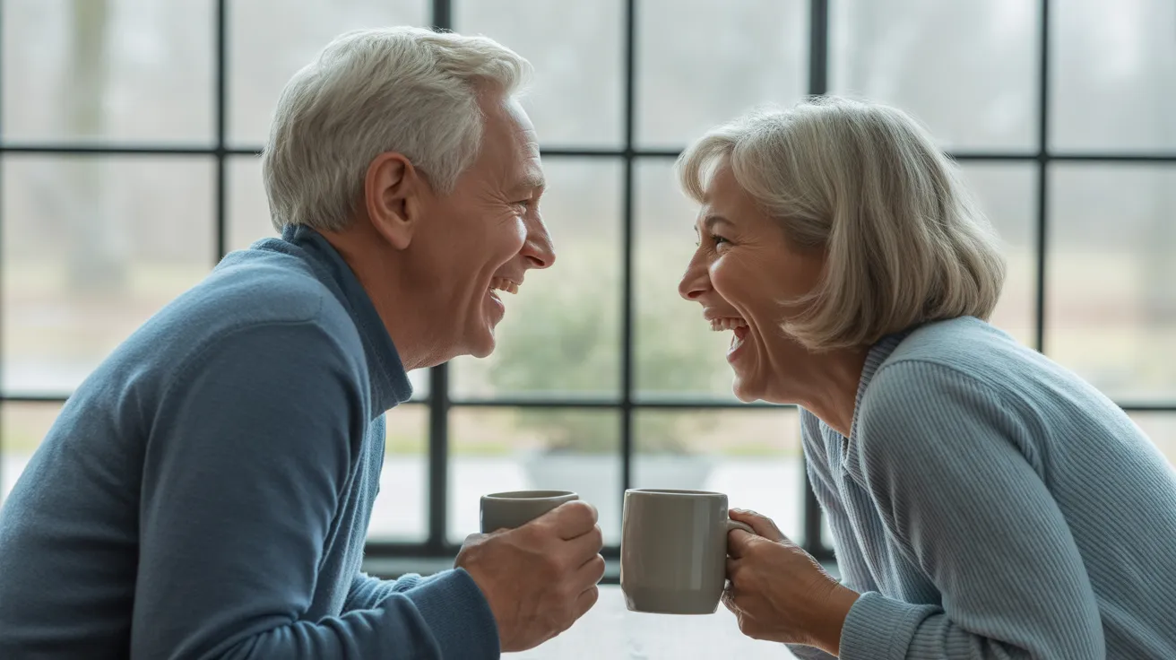 A senior man and woman laugh joyfully together while sitting with coffee at a kitchen table illuminated by soft, natural light.